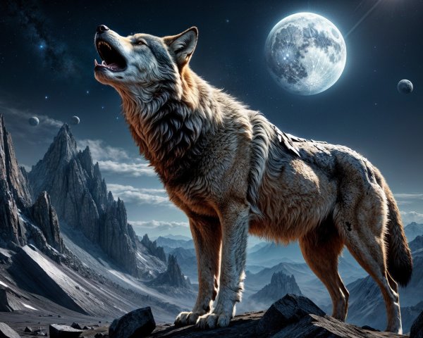 Wolf Howling at Moon in Surreal Rocky Landscape