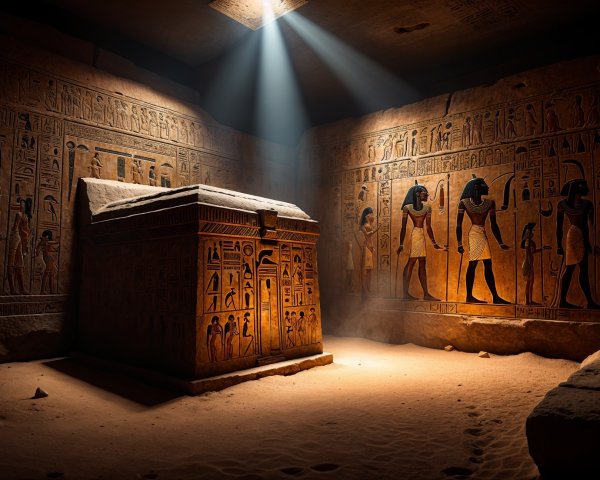 Ancient Egyptian Tomb with Hieroglyphs and Sarcophagus
