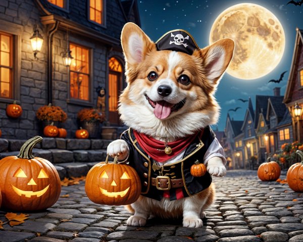 Corgi Pirate in Lantern-Lit Village with Pumpkins