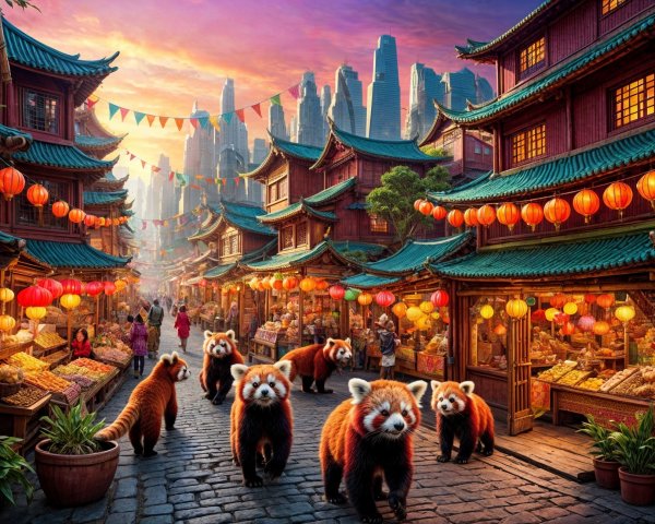 Vibrant Market Street with Red Pandas and Lanterns