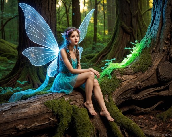 Fairy on Mossy Log in Lush Forest Setting