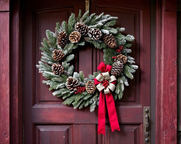 Festive Wreath on Rustic Wooden Door with Pinecones