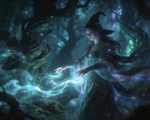 Female Sorceress Casting Spell in Enchanting Forest