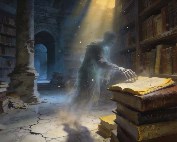 Translucent ghost in an ancient library setting