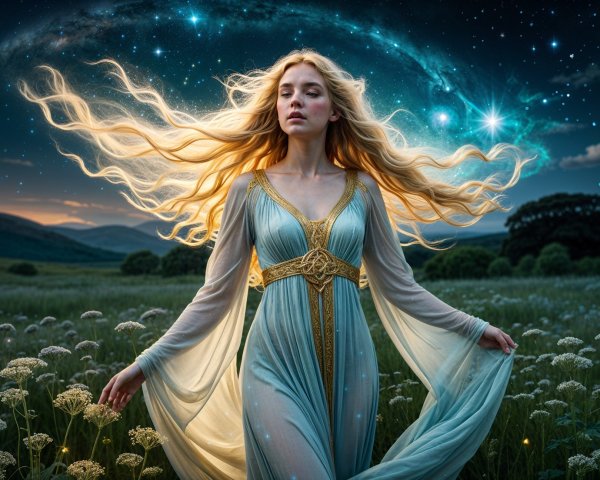 Mystical Woman in a Serene Meadow with Cosmic Glow