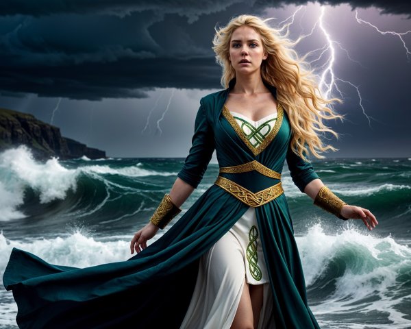 Figure in Regal Gown on Rocky Shore with Stormy Sky