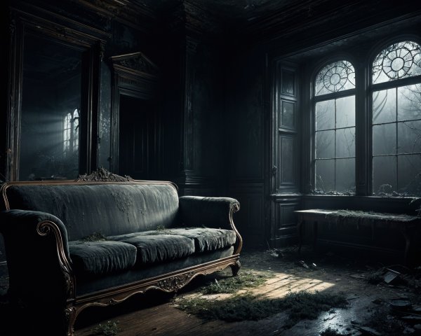Abandoned Room with Dusty Sofa and Sunlight Effects