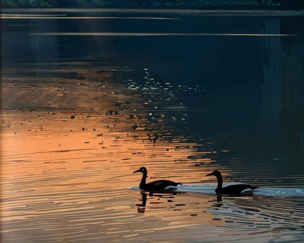 Ducks on a tranquil lake at sunset with reflections