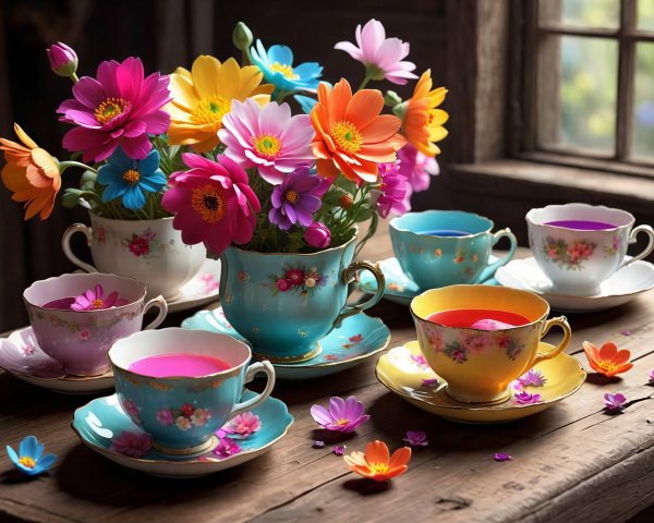Colorful Still Life of Teacups and Flowers on Table