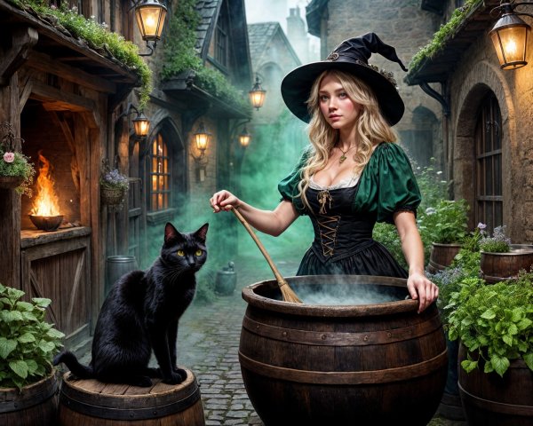 Mysterious Witch in Foggy Village with Cauldron and Cat