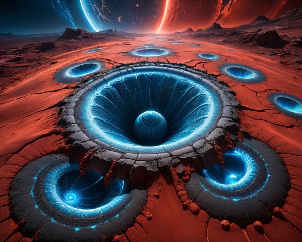 Surreal Alien Landscape with Glowing Blue Craters