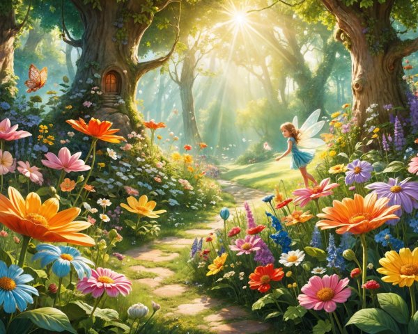 Fairy Dancing in a Colorful Flower-Filled Forest