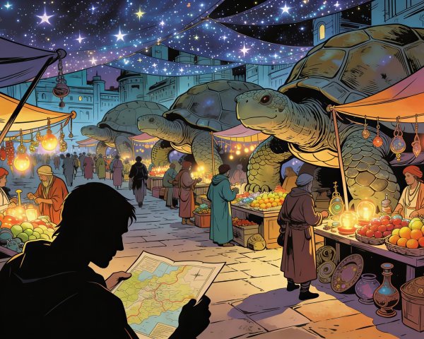Outdoor Night Market with Giant Turtle Stalls