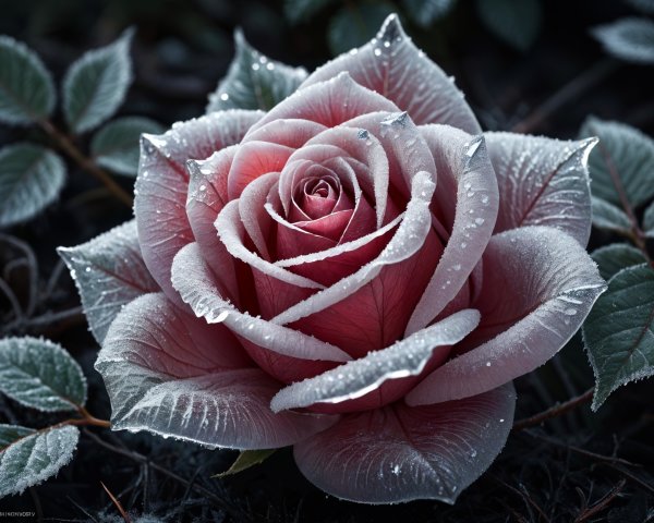 Pink Rose with Frost and Green Leaves on Dark Background