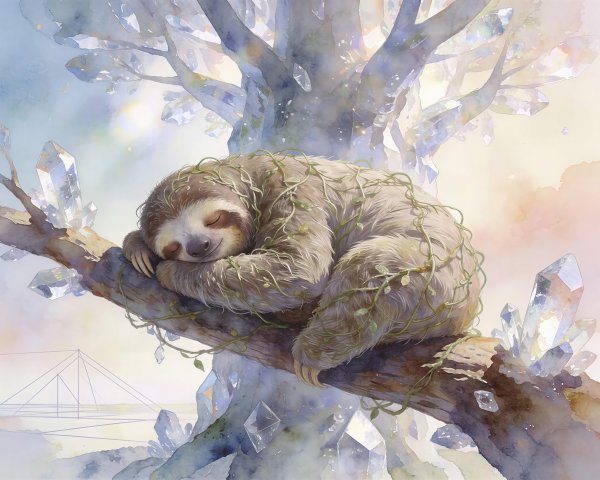 Watercolor Painting of a Sloth in Vines and Crystals