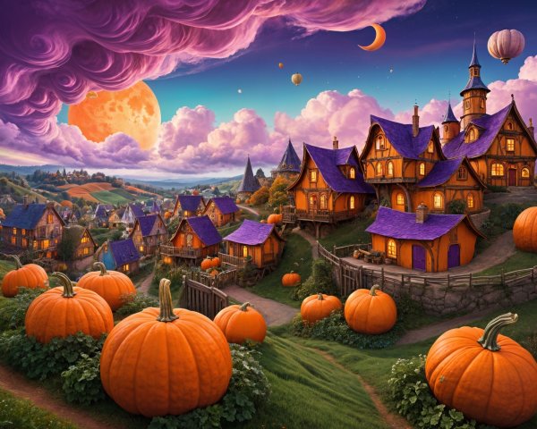 Twilight Village with Purple Rooftops and Pumpkins