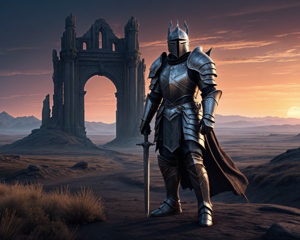Lone Knight in Armor Against Dramatic Sunset Landscape