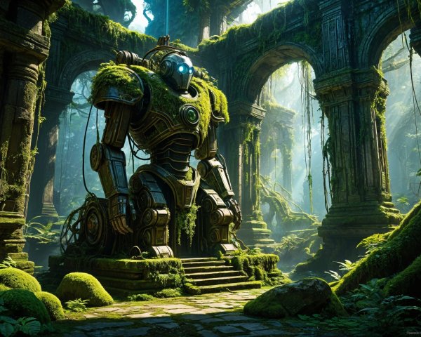 Moss-Covered Robot in Ancient Overgrown Temple