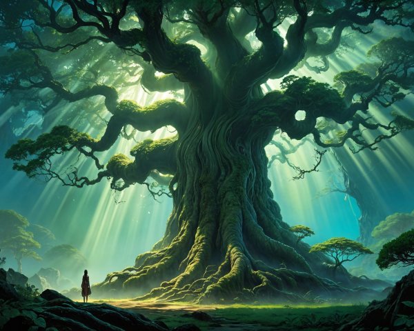 Ancient Tree in a Magical Forest with Ethereal Light