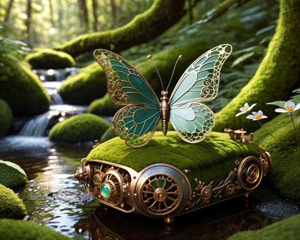 Intricate Butterfly on Steampunk Box in Forest Setting