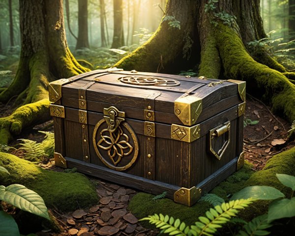 Wooden treasure chest with brass fittings in forest setting