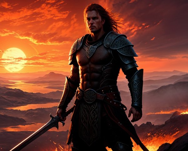 Muscular Warrior in Intricate Armor Against Sunset