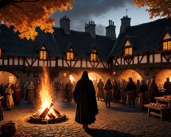 Bonfire Gathering in a Medieval Village Square at Dusk