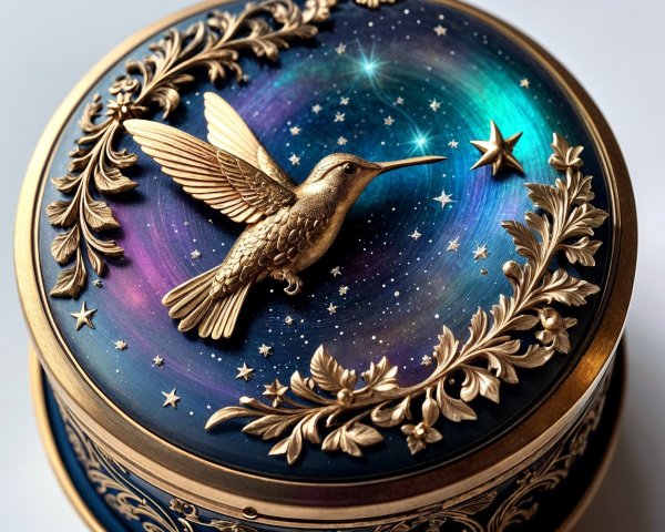 Intricate Round Box with Hummingbird and Floral Design
