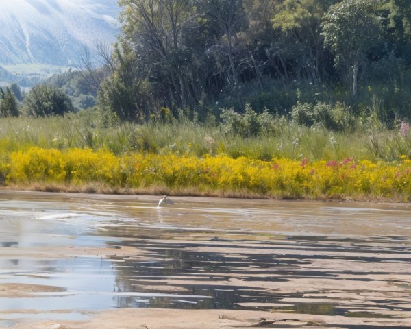 Tranquil Landscape with Reflective Water and Wildflowers