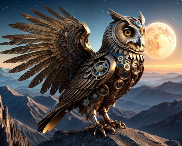 Majestic Steampunk Owl on Rocky Outcrop at Night
