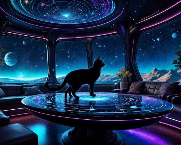 Black Cat on Futuristic Table with Cosmic Background