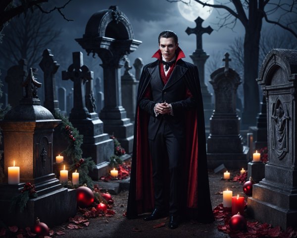 Vampire Figure in Candlelit Graveyard at Night