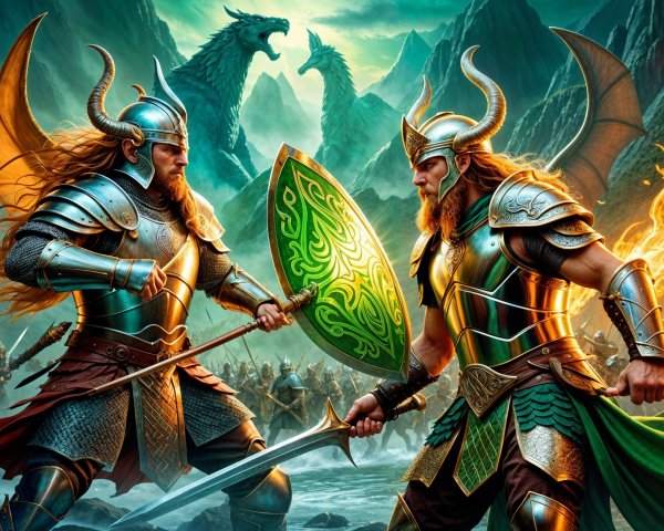 Armored Warriors in Epic Battle with Dragons Above