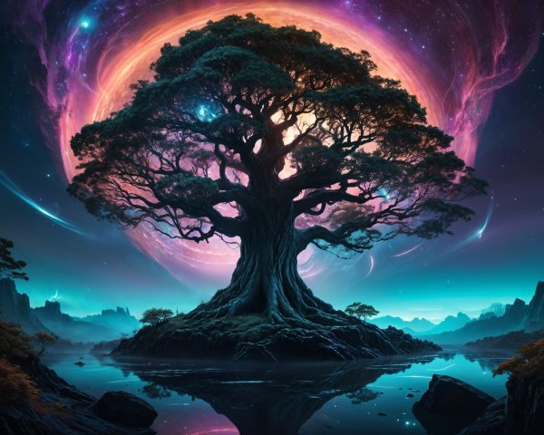 Majestic Tree at Tranquil Lake Under Vibrant Galaxy