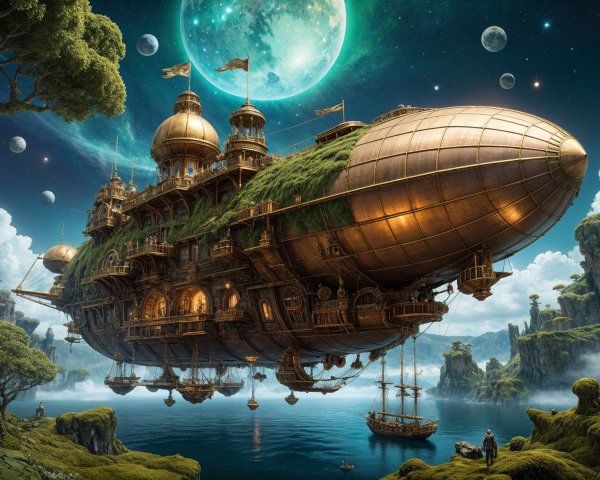 Steampunk Airship Above Serene Landscape and Mountains
