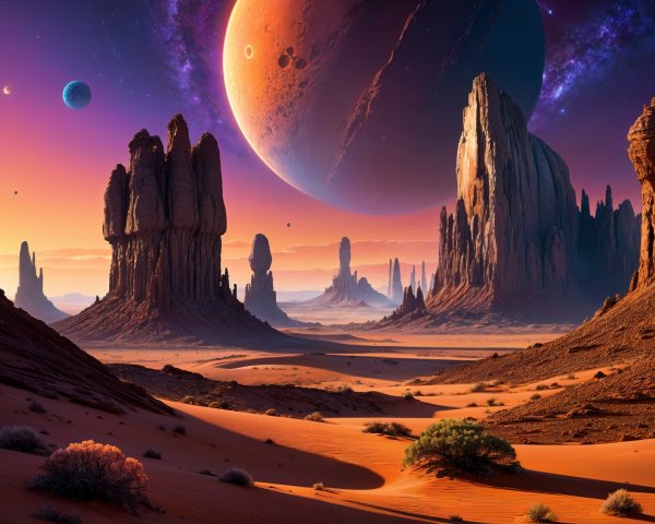Alien Landscape with Colorful Rock Formations and Planets