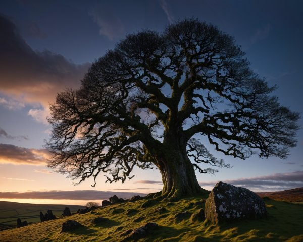 Majestic Tree on Grassy Hill at Sunset Sky