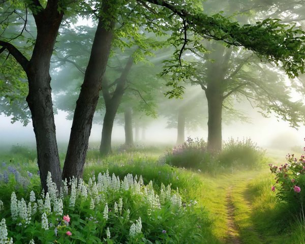Magical Forest Path with Wildflowers and Sunlight