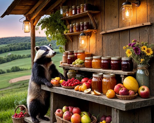 Rustic stand with colorful fruits and preserves in sunlit market