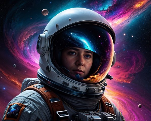 Astronaut in Space Suit Against Cosmic Backdrop