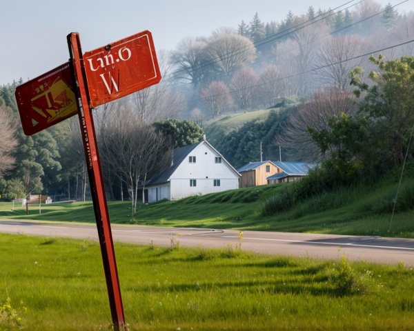 Tilted Roadside Sign Overlooking Tranquil Landscape