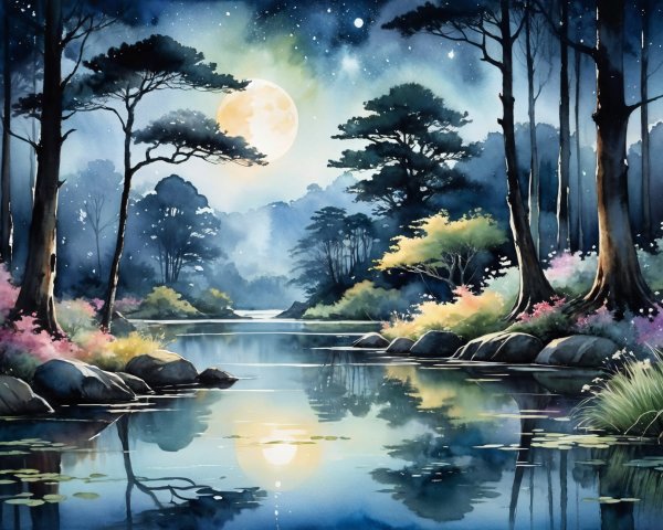 Serene Nighttime River Scene with Moon and Flowers