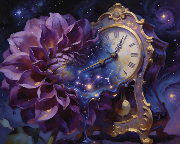 Melting Purple Dahlia and Grandfather Clock in Space