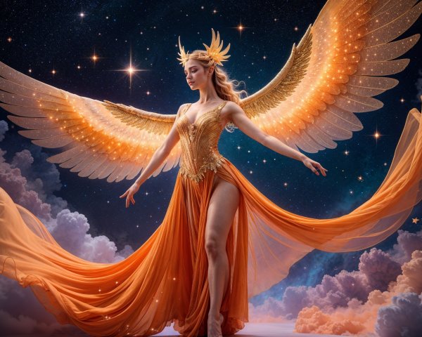 Celestial Figure in Orange Gown with Golden Wings