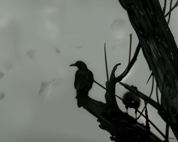 Surreal Bird Silhouette on Branch in Misty Background