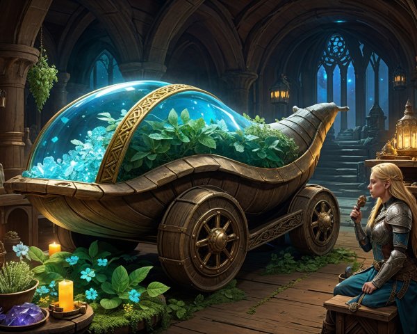 Wooden Cart with Plants and Crystals in Mystical Setting