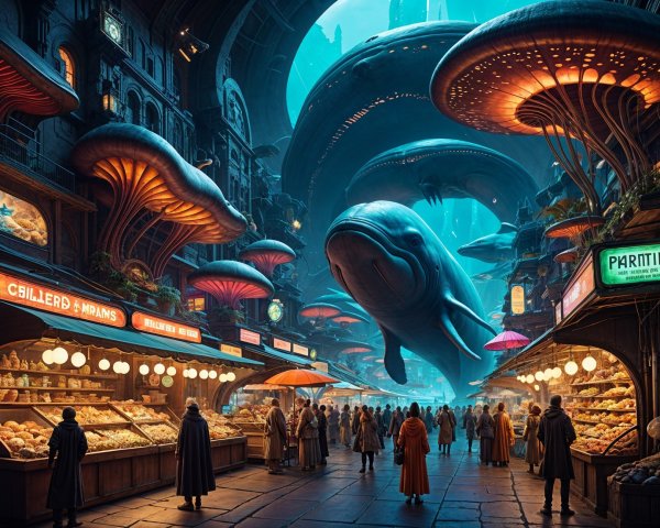Futuristic Market Scene with Colossal Mushrooms and Whale