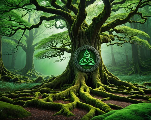 Majestic Tree with Triskelion in Lush Forest Setting