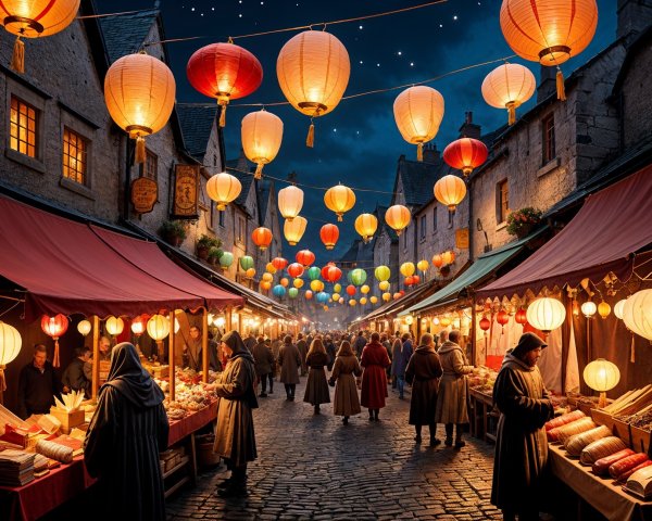 Vibrant Night Market Scene with Colorful Lanterns