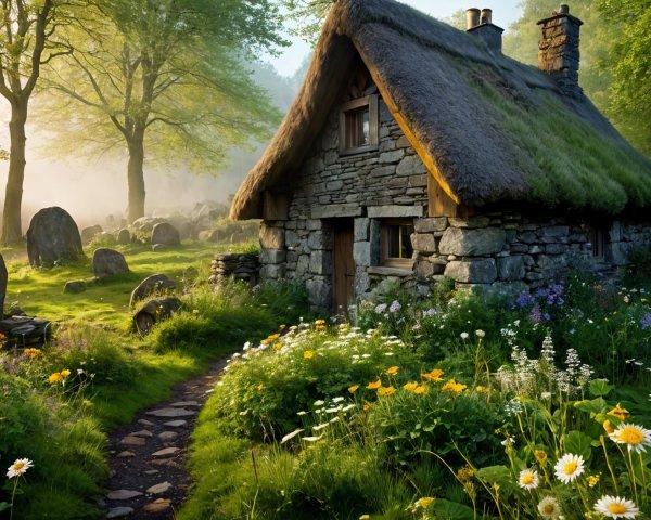 Thatched Cottage Surrounded by Wildflowers and Trees